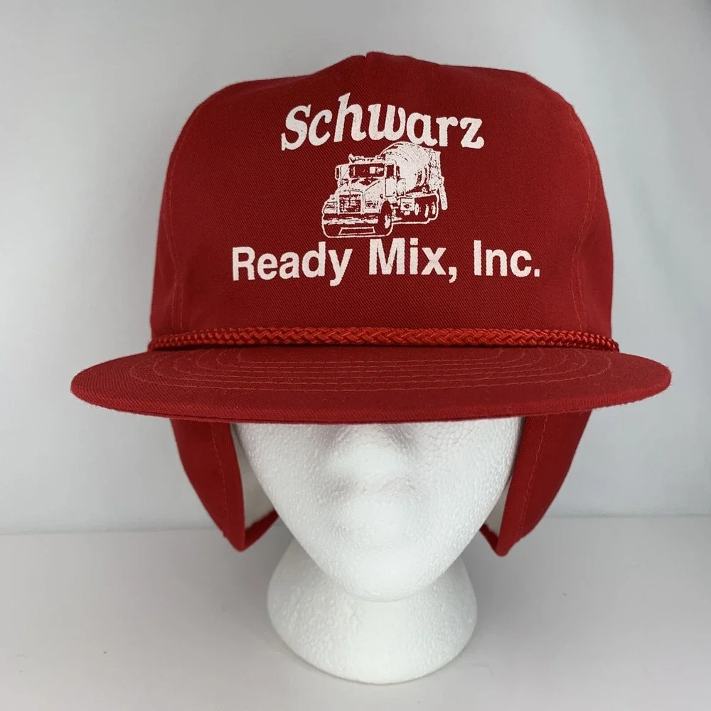 Schwarz Ready Mix Hat Red Rope Ear Flaps Zip Adjustable OSFA Winter Cap Concrete